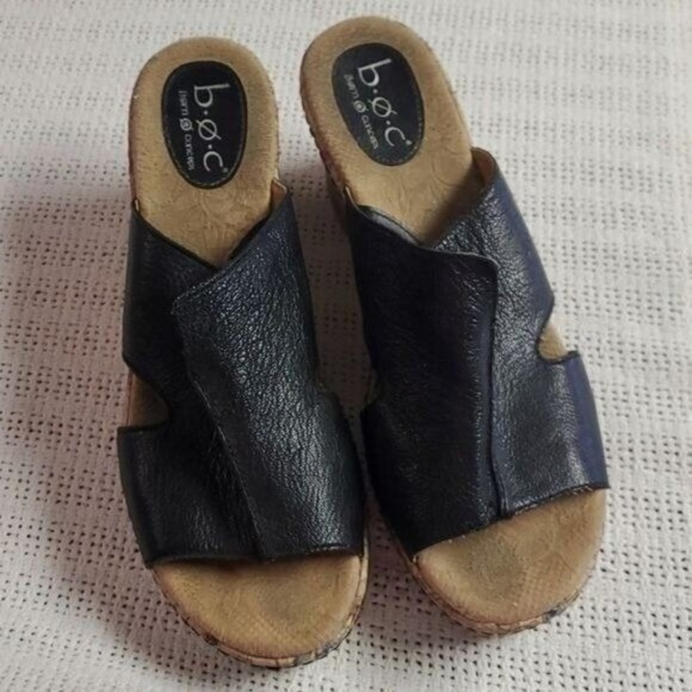 B.O.C. Born Concept Womens Black Leather Floral Cork Wedge Slide Sandals Sz 8.5